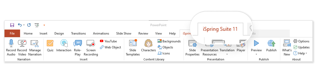 iSpring Suite 11 options in the PowerPoint Ribbon