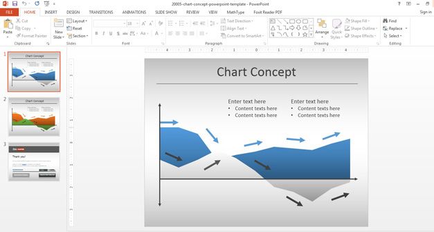 Example of area chart template with blue area and arrows in PowerPoint presentation - Office 2013