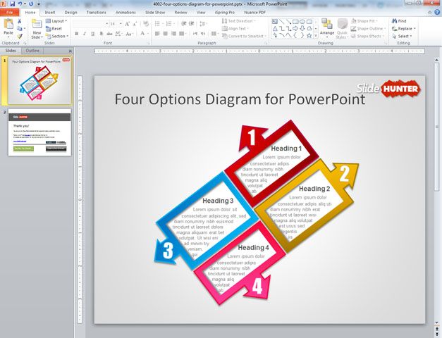 Simple four step diagram created with PowerPoint and shapes using different colors, styles and arrows in different directions