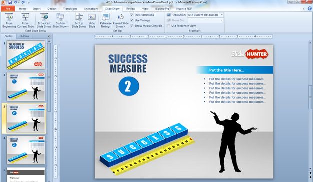 Measuring Success PowerPoint Template with 3D blocks (scribble) and yellow meter