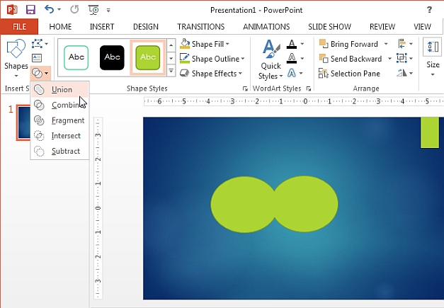 PowerPoint 2013 merge shapes option