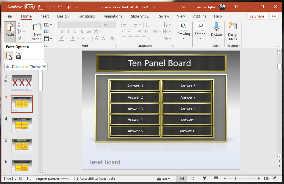 Use destination theme to create board - Ten Panel Board in Family Feud Game for PowerPoint
