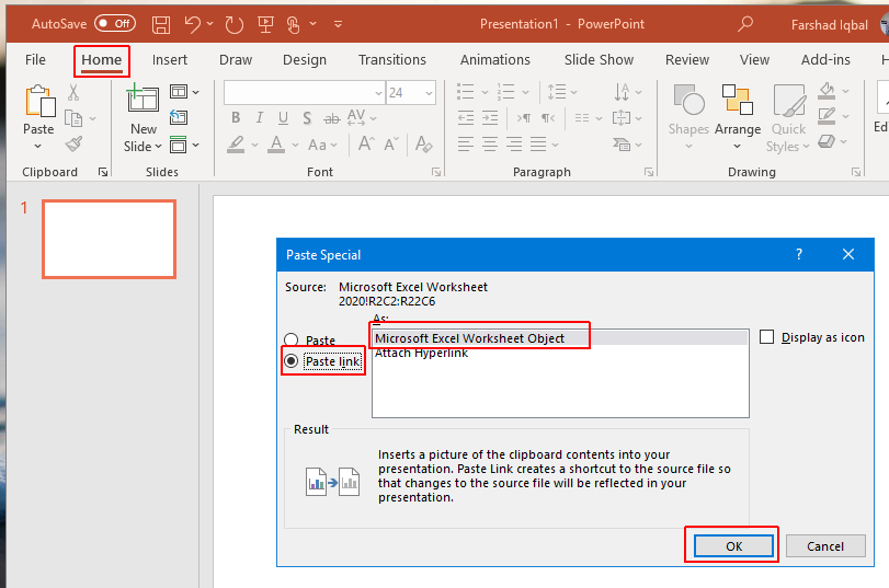 insert data from excel in powerpoint