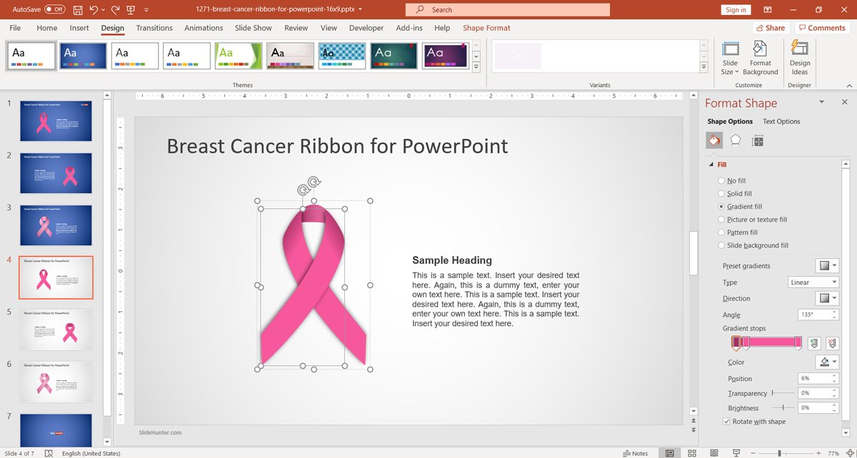Editable Breast Cancer Ribbon PowerPoint Template with editable shapes