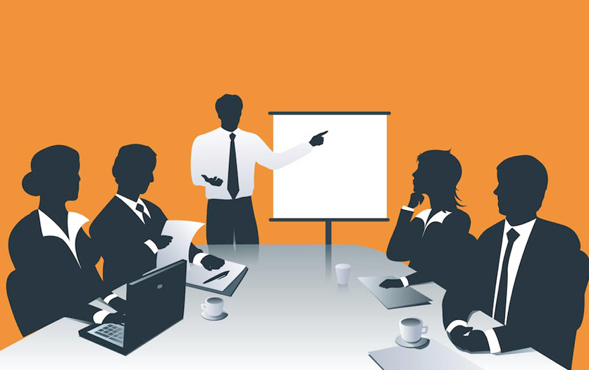 A group of co-workers attending a business meeting with an orange background