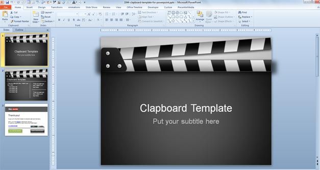 Clapboard PPT template design with a film-themed presentation background