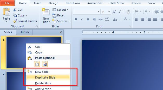 duplicate the slide multiple times in Microsoft PowerPoint 2010