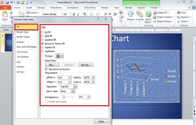 Format the chart area in a quadrant using PowerPoint