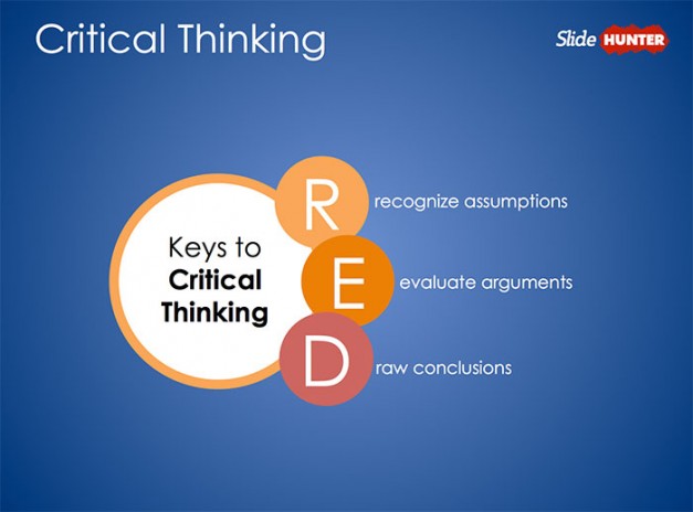 Free Critical Thinking PowerPoint template design inspired by Pearson's RED Critical Thinking Model