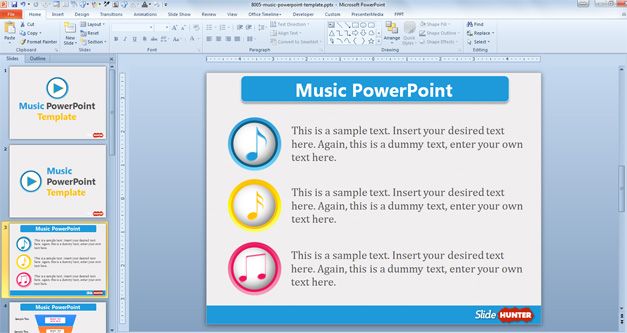 Example of music PowerPoint template and custom layout with custom bullet points and icons for music topic