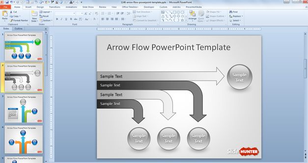 Horizontal Arrow Flow Chart Design PowerPoint Template with spheres and gray tones