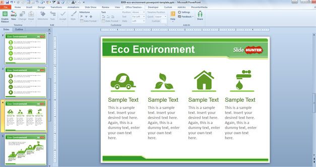 Green icons in a free PowerPoint template