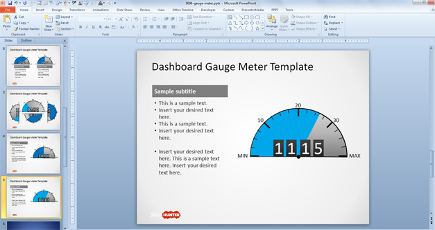 Meter Gauge slide design for PowerPoint dashboards using a cyan light color