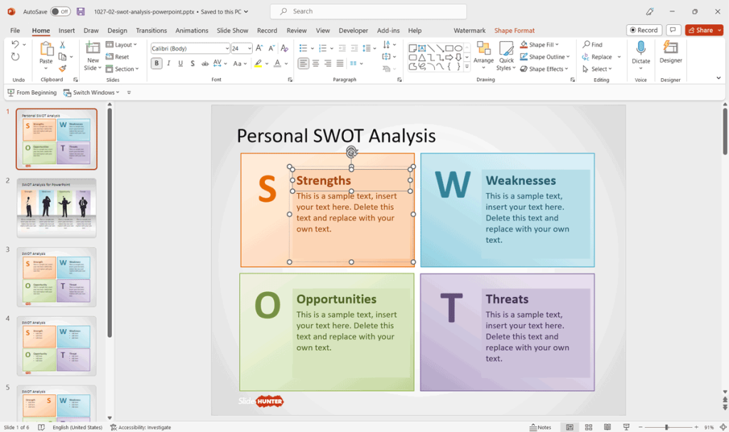Example of Personal SWOT Analysis template - Free template by SlideHunter.com