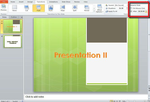 Example of PowerPoint transition in MS PowerPoint 2010