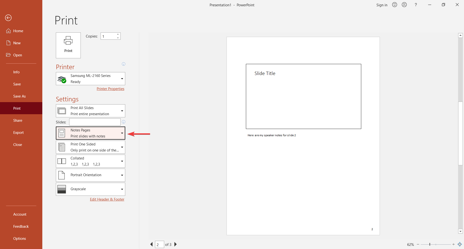 Print Speaker Notes in PowerPoint