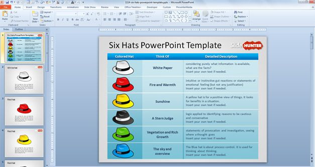 Plantilla PowerPoint de Seis Sombreros para Pensar