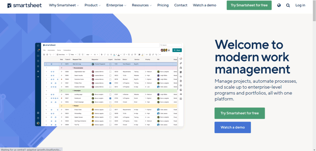 Smartsheet homepage and templates. A modern work management platform.