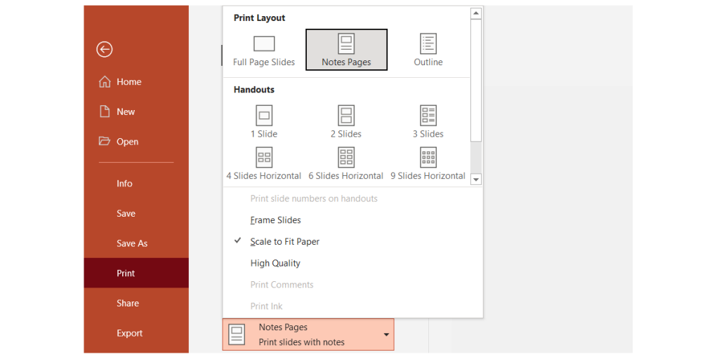 Speaker notes in PowerPoint with Notes view
