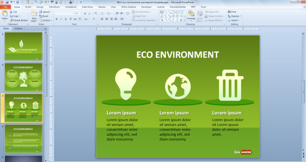 Three text boxes with icons (bulb light, globe and trash can) for PowerPoint